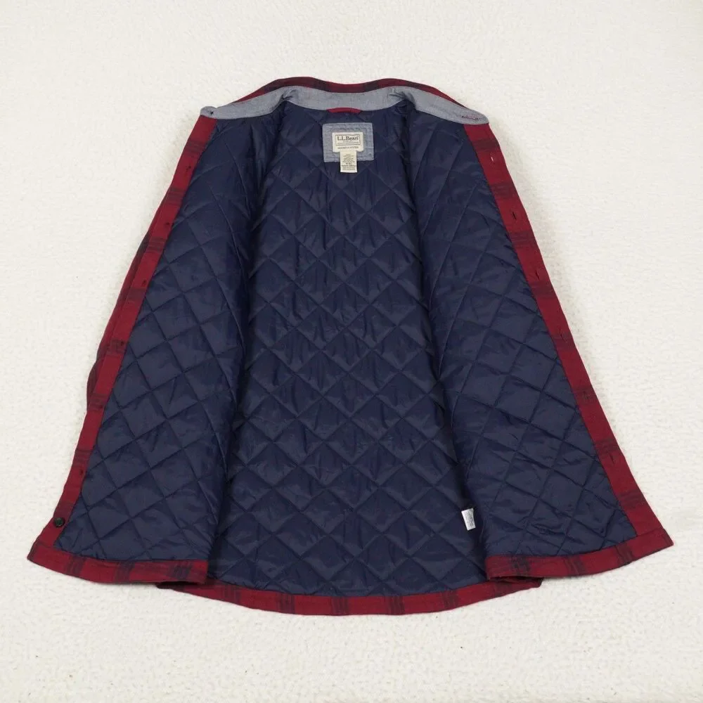 LL Bean Primaloft Lined Shirt Mens Medium Burgundy Plaid Quilted Jacket 298234
